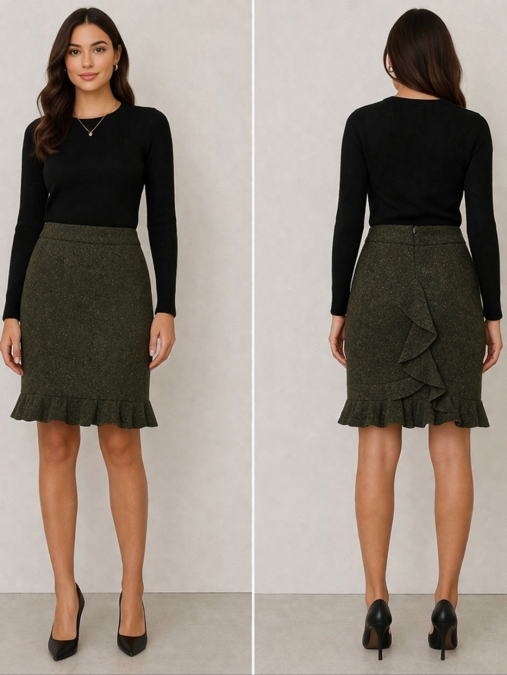 Club Monaco Olive Tweed Wool Silk Fishtail Pencil Skirt Size 0